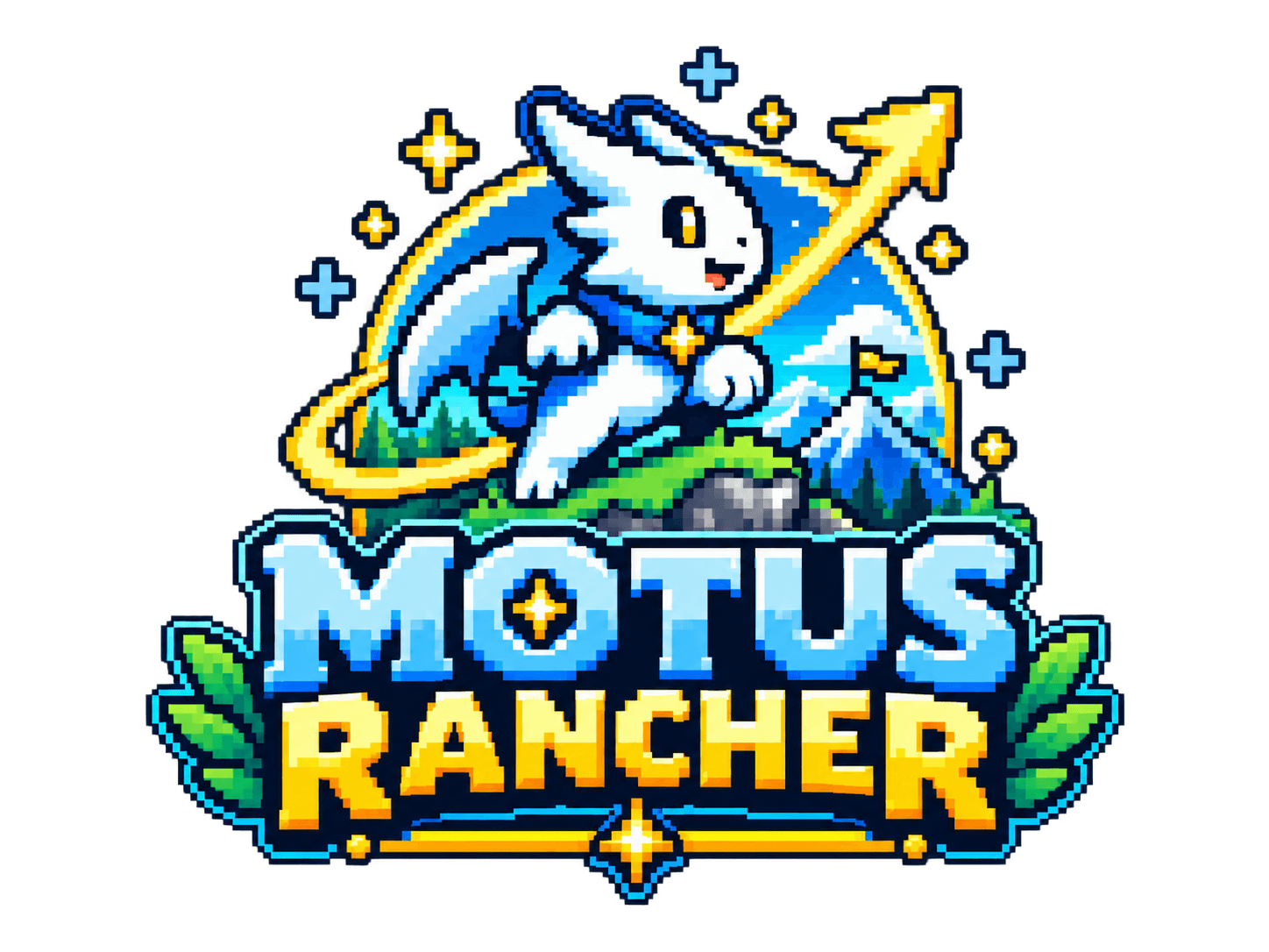 Motus Rancher: a white winged companion leaping over a mountain landscape