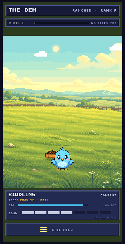 Motus Rancher prototype showing Birdling roaming its sunny Den