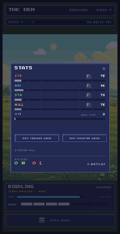 Birdling's strength, agility, stamina, will, and vitality stats in the Den