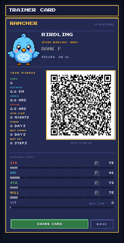 Actual Motus Rancher Trainer Card showing Birdling, fitness totals, monster stats, battle record, and a scannable battle QR