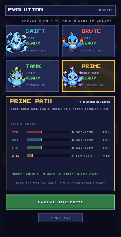 Actual Motus Rancher evolution chooser showing Swift, Brute, Tank, and Prime paths ready to select