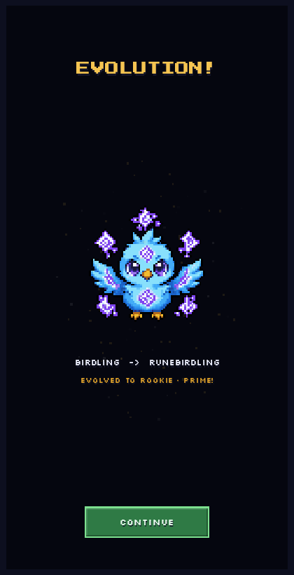 Actual Motus Rancher evolution scene showing Birdling becoming Runebirdling