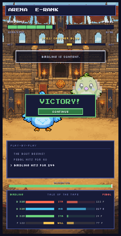 Birdling battling Nibl in the Motus Rancher Arena
