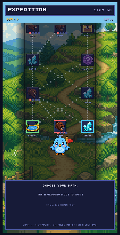 Birdling exploring an expedition map with branching paths, caches, chests, and mystery nodes